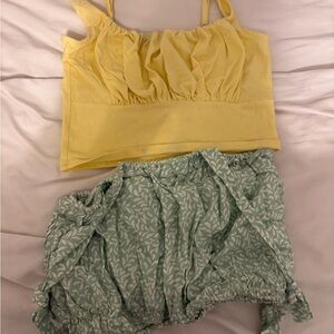 Yellow Crop Top and Green Leaf Print Shorts